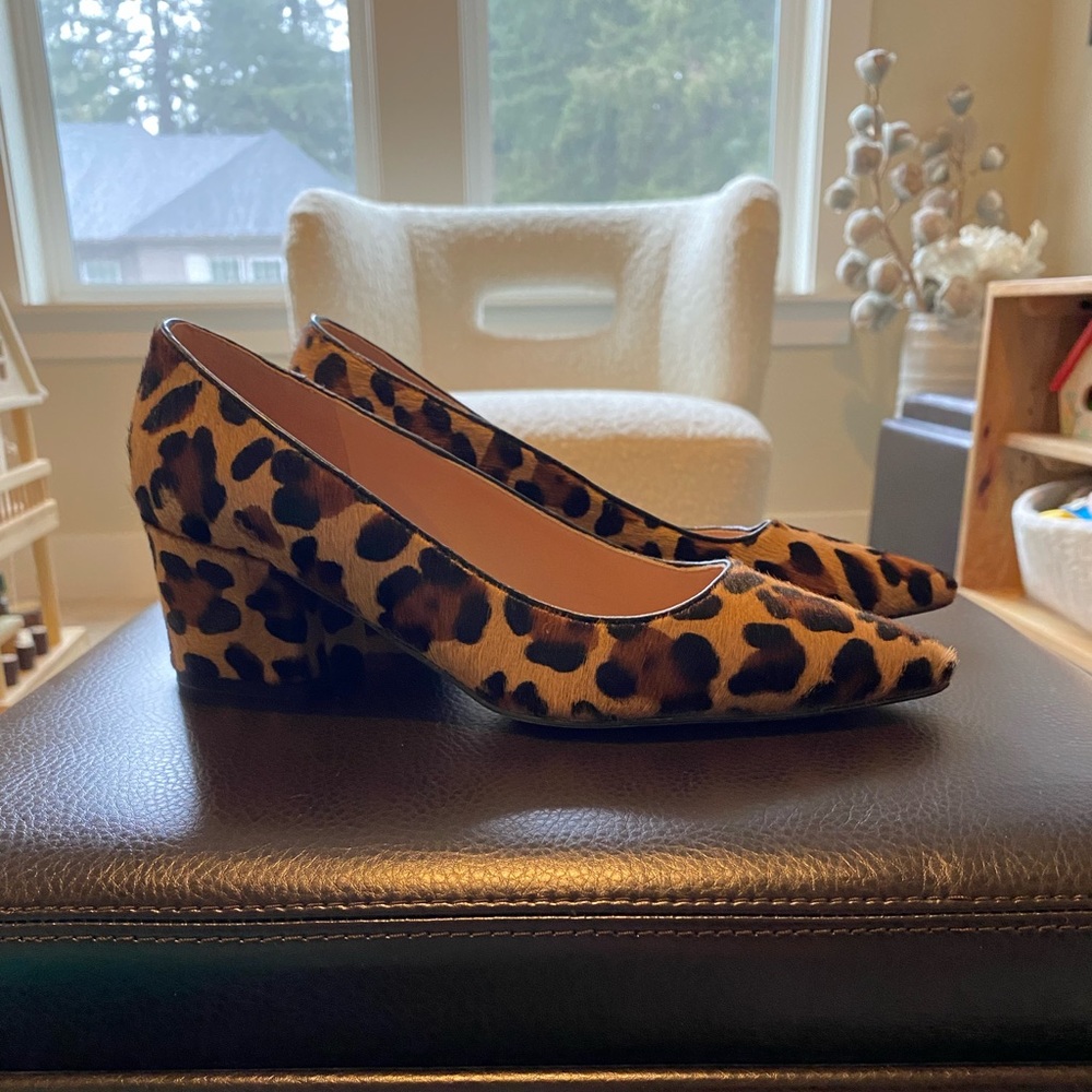 J Crew Calf Hair Leopard Block Heel Pumps